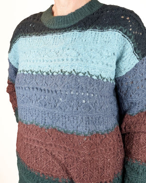 A close-up of a chunky knit crewneck sweater with horizontal color-blocked stripes in dark green, light blue, slate blue, and rust brown, shown on a model against a plain white background.
