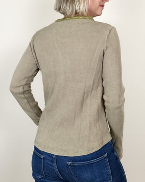 back of olive green henley top