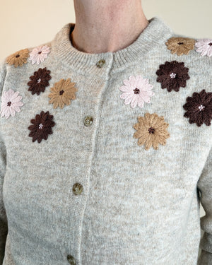 Close-up of a light gray knit cardigan with decorative embroidered flowers in brown, tan, and pale pink, shown on a person wearing it.
