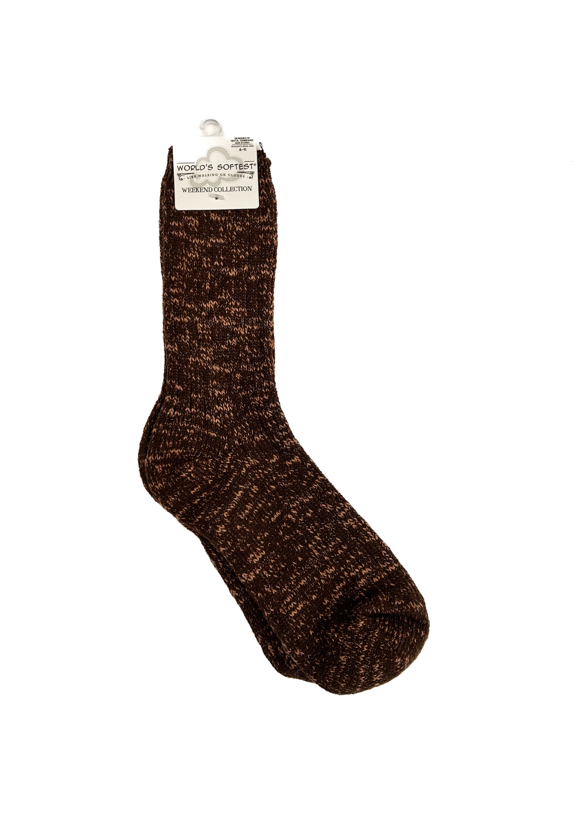 Brown sock with a visible brand label on a white background