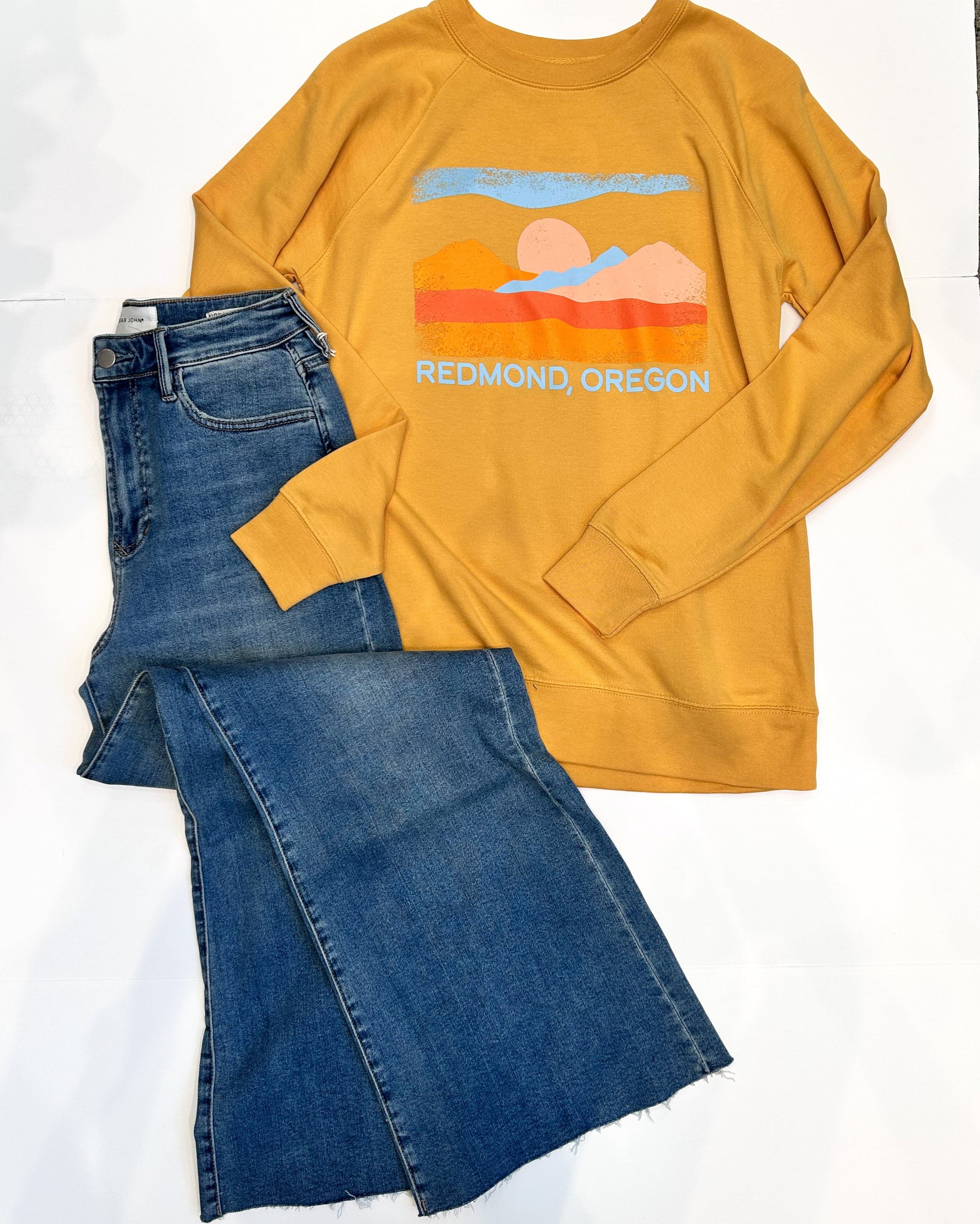 Person wearing a mustard yellow sweatshirt with a graphic design, standing next to a cactus on a white background