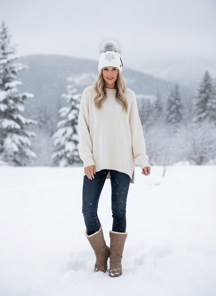 White knit beanie with gray snowflake design and fur pom-pom on a wooden surface
