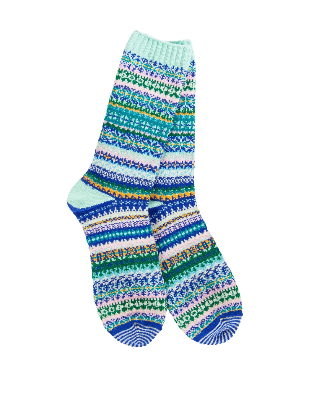 Four pairs of patterned knit socks hanging on wooden hangers against a plain white background. Each pair has a white paper header card with the text 'WORLD'S SOFTEST Socks' and 'WINTER COLLECTION'.