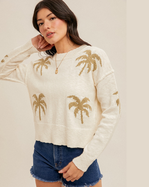 PALM TREE MOTIF CROP SWEATER 