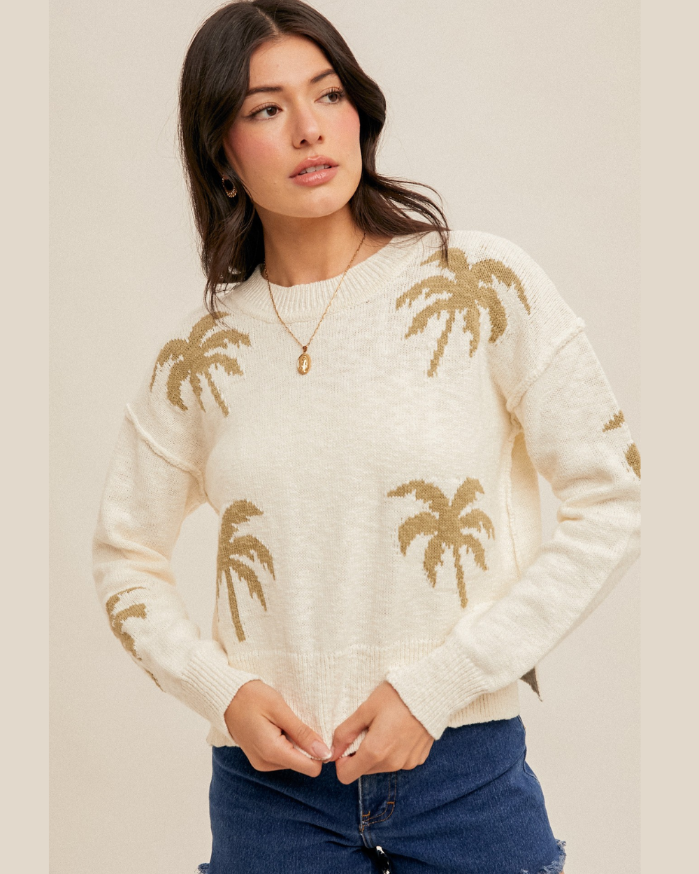 PALM TREE MOTIF CROP SWEATER 
