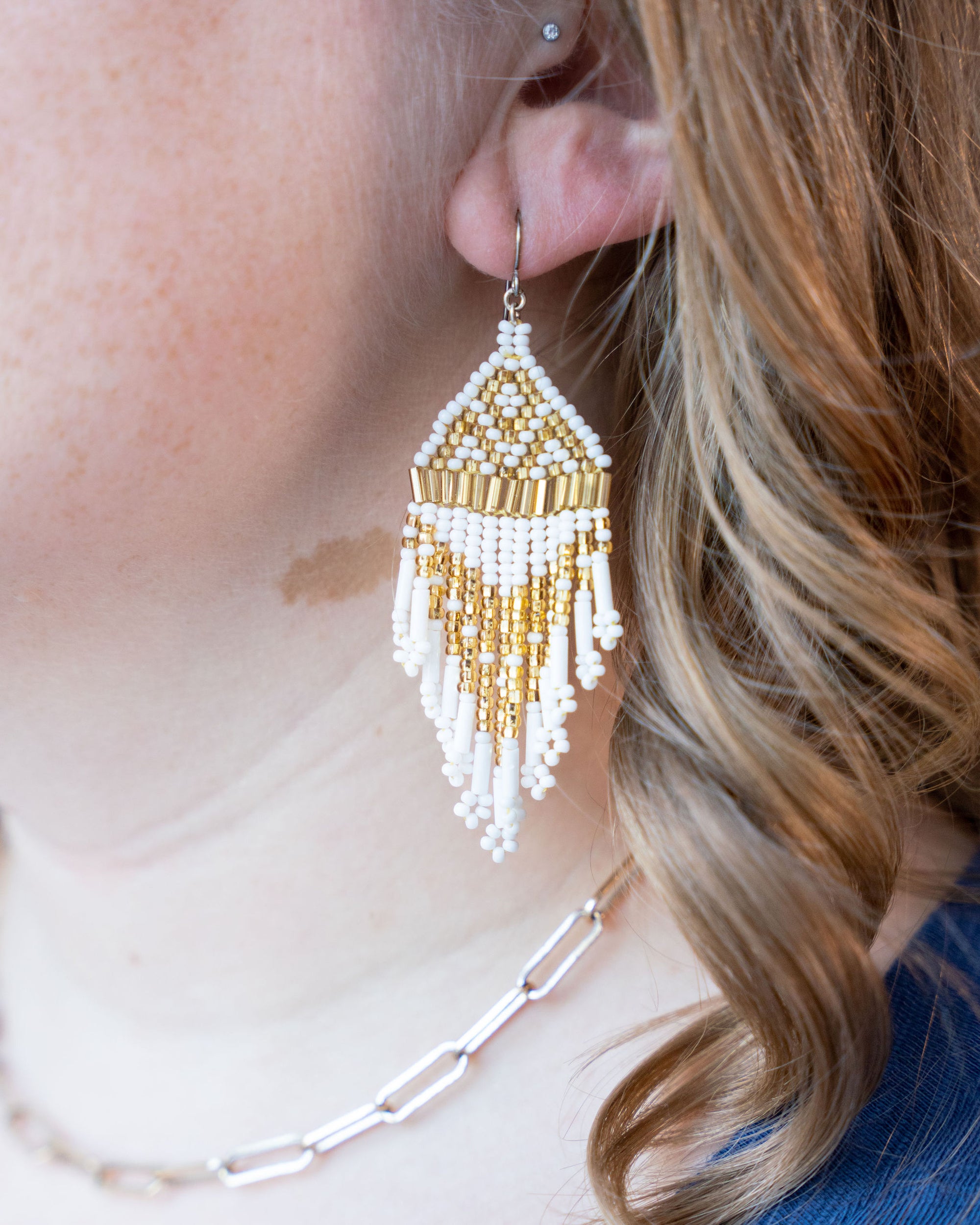 Gold and White Beaded Earrings