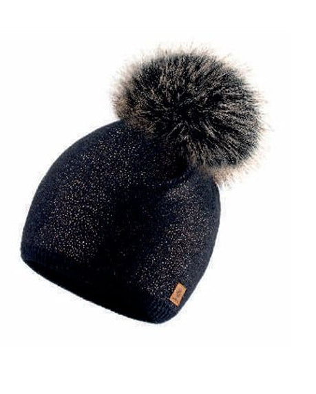 Black beanie with a fur pom-pom on a white background