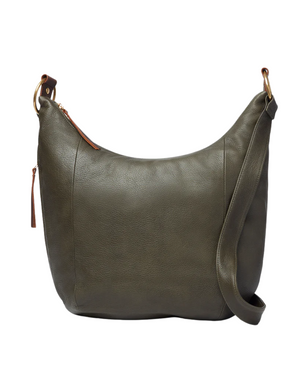 Green leather shoulder bag on a white background