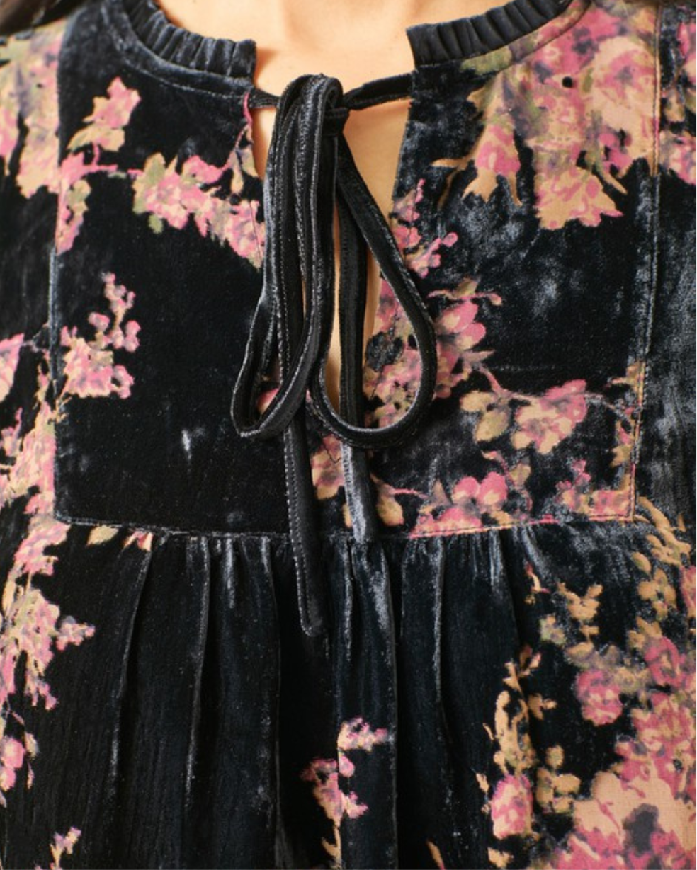 Black floral velvet dress with a tie detail