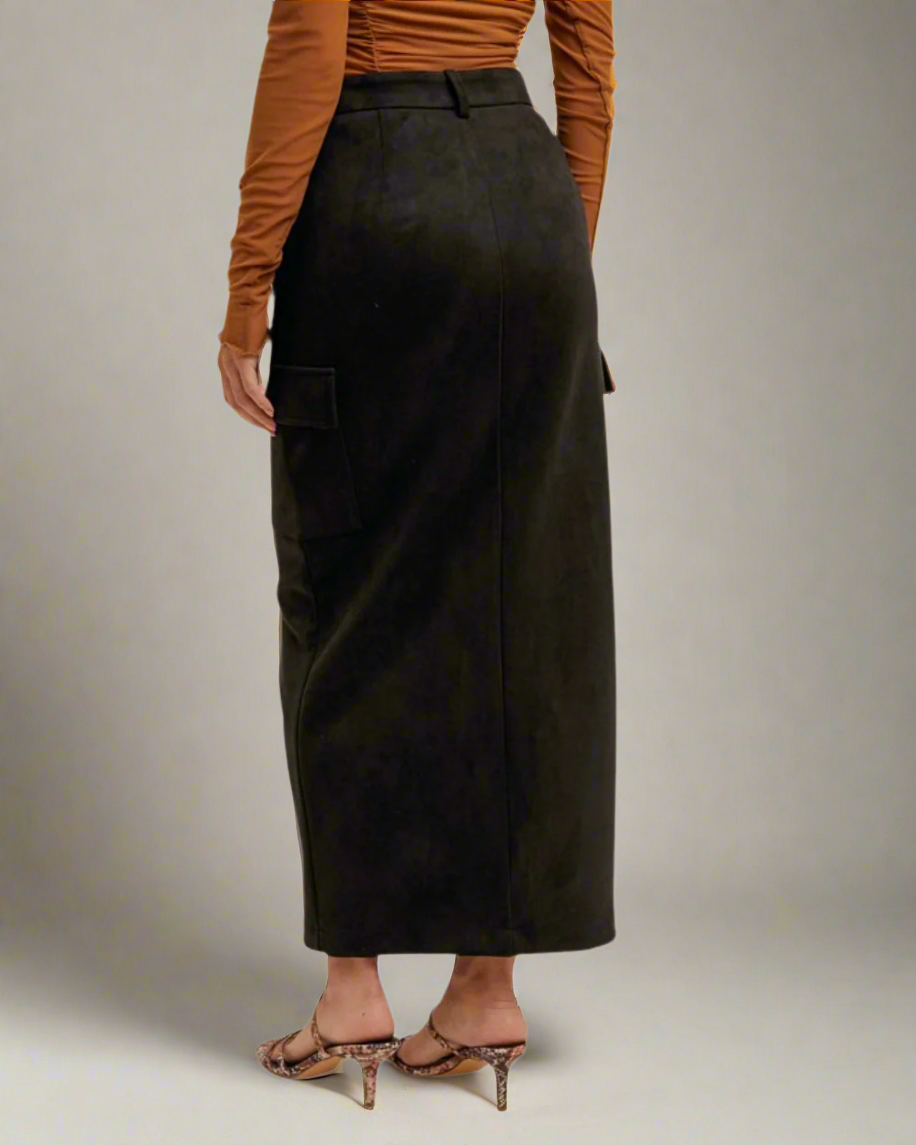back of faux suede skirt