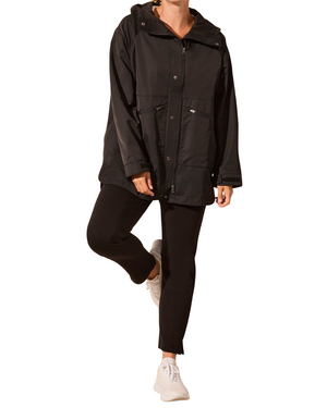 Person wearing a black raincoat on a white background