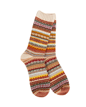 A pair of hand-knit crew socks featuring a multicolor Fair Isle pattern with stripes of red, orange, yellow, green, brown, and cream on a white background.