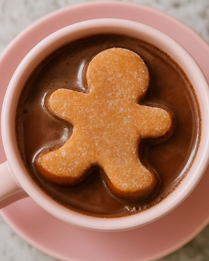 Gingerbread man cookie floating in a mug of hot chocolate