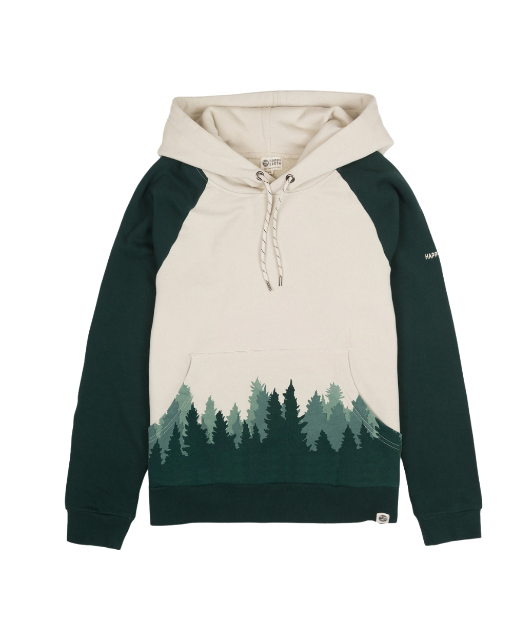 Person wearing a hoodie with a forest design outdoors