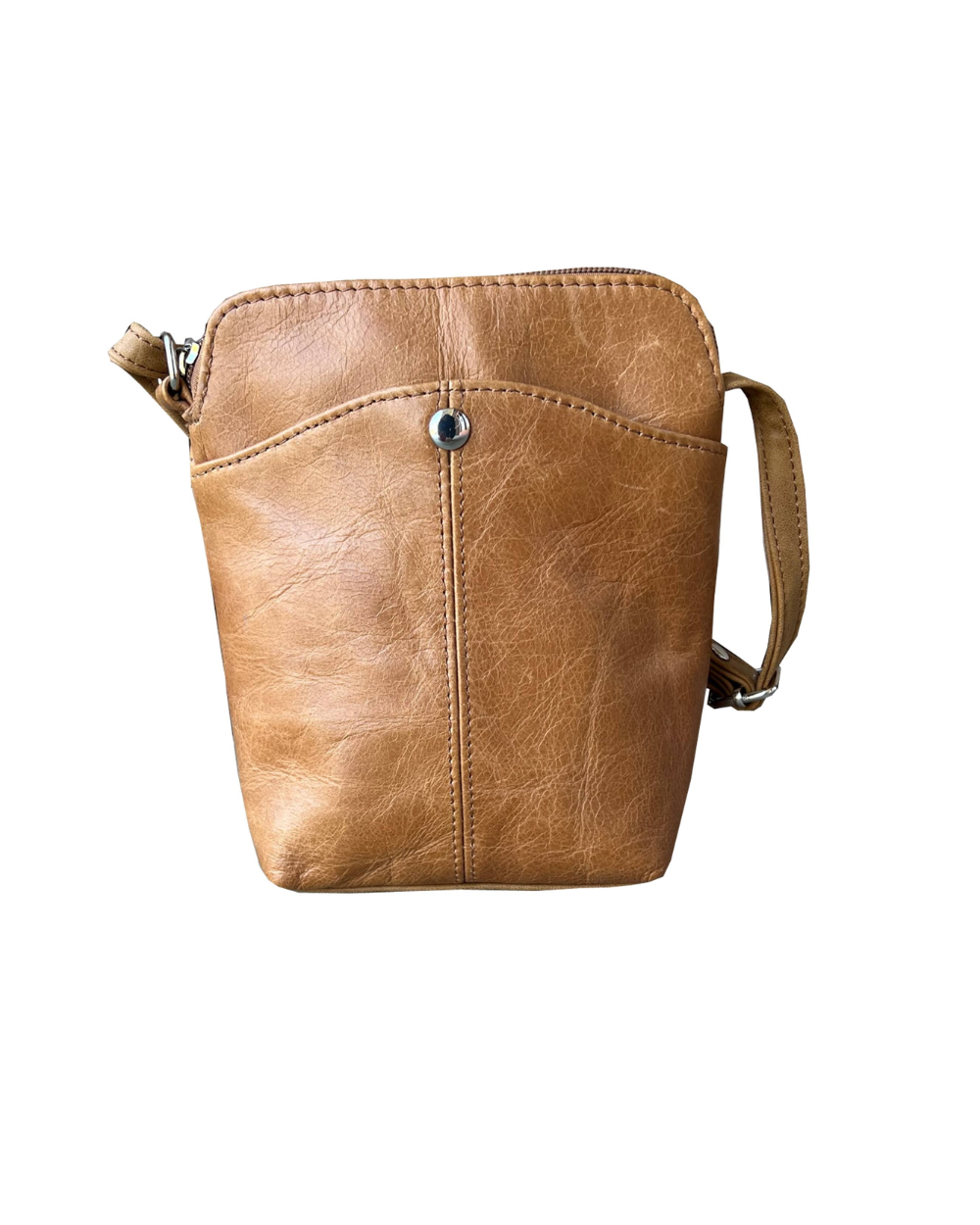 Brown leather crossbody bag on a white background