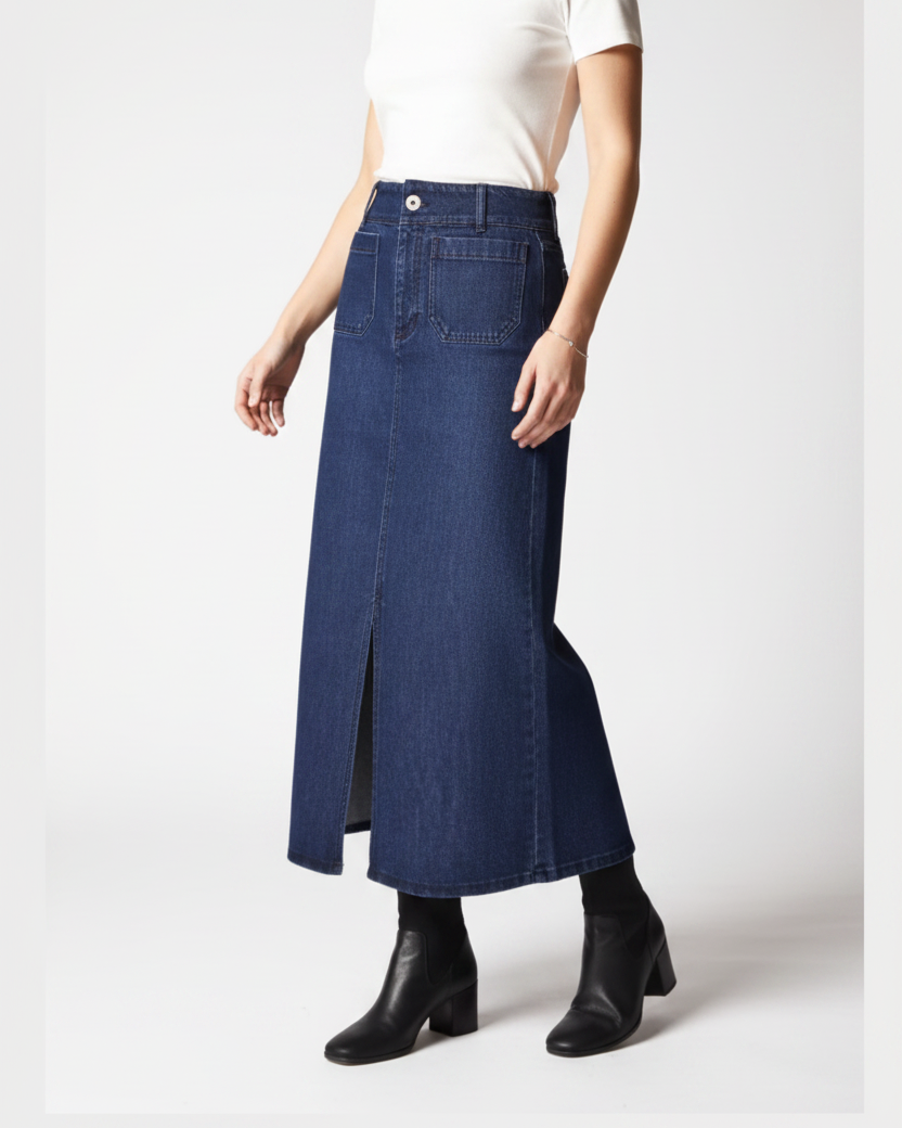 Person wearing a long blue denim skirt on a white background