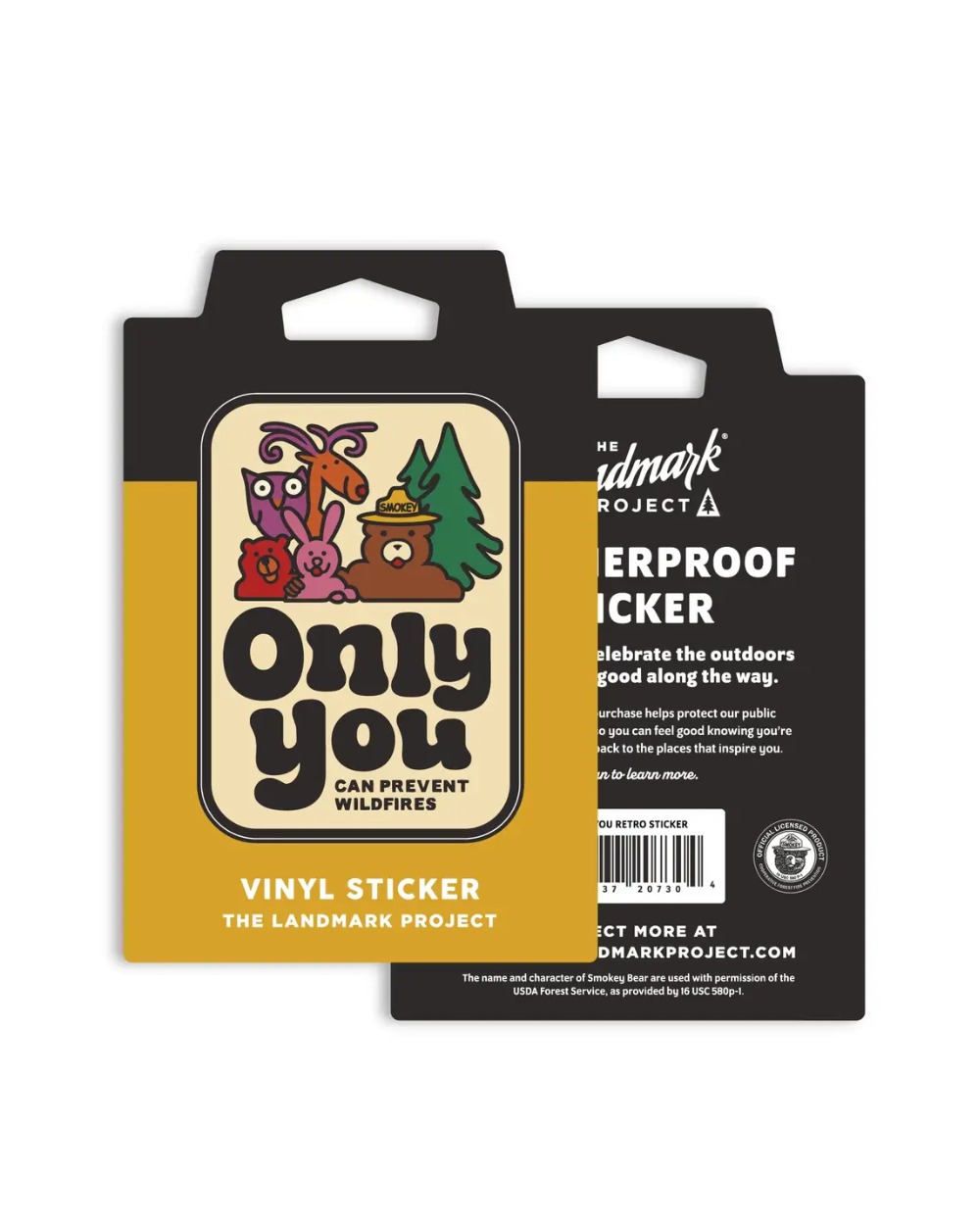 A rectangular sticker with rounded corners featuring a cartoon illustration of forest animals and the text 'Only you CAN PREVENT WILDFIRES' on a cream background.