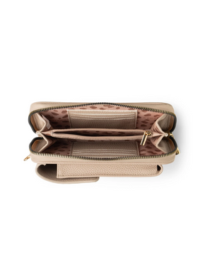 Open beige handbag on a white background