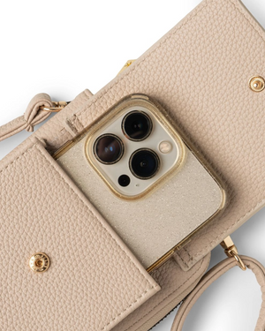 Beige phone case with gold accents on a white background