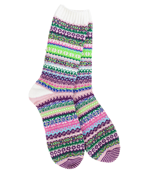 A pair of crew socks with a colorful Fair Isle pattern featuring stripes of purple, pink, green, blue, and white, set against a plain white background.