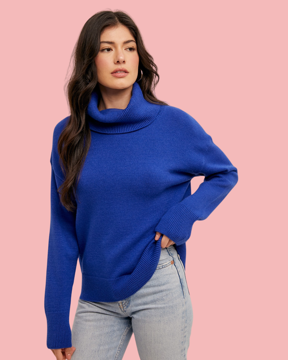 women in blue turtleneck sweater