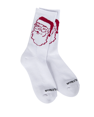 White socks with red Santa Claus face design on a white background