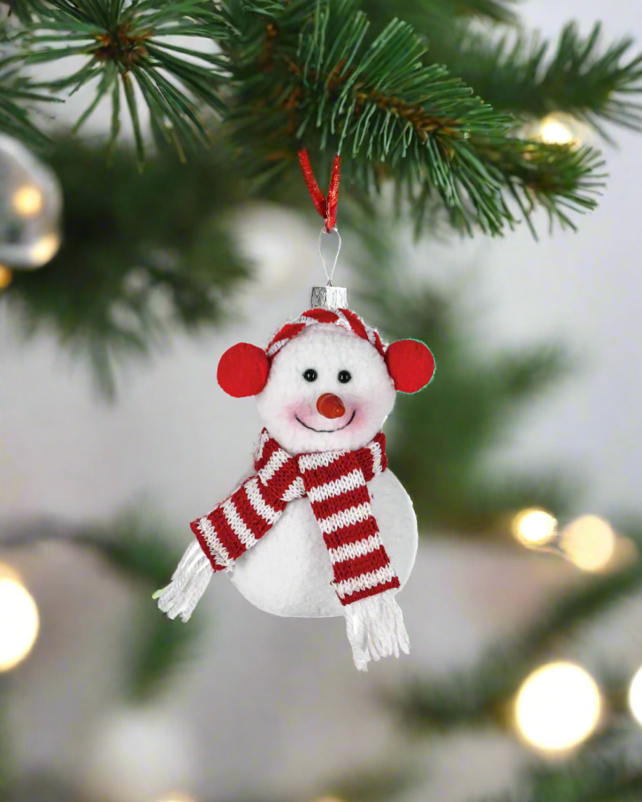 Decorative snowman ornament with a red and white striped scarf on a white background