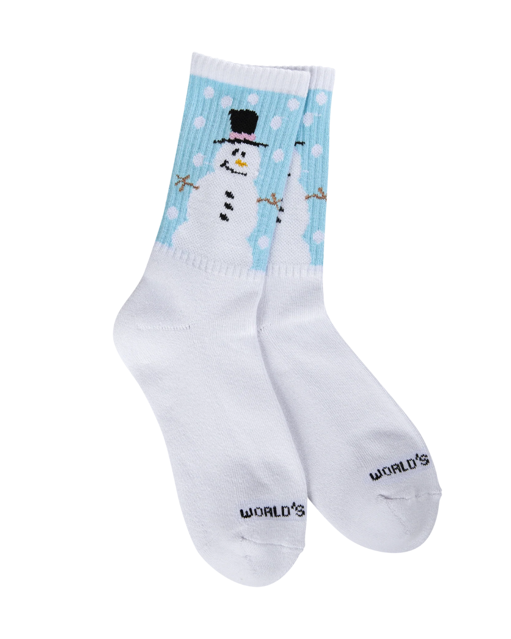 White socks with a snowman design on a light blue background