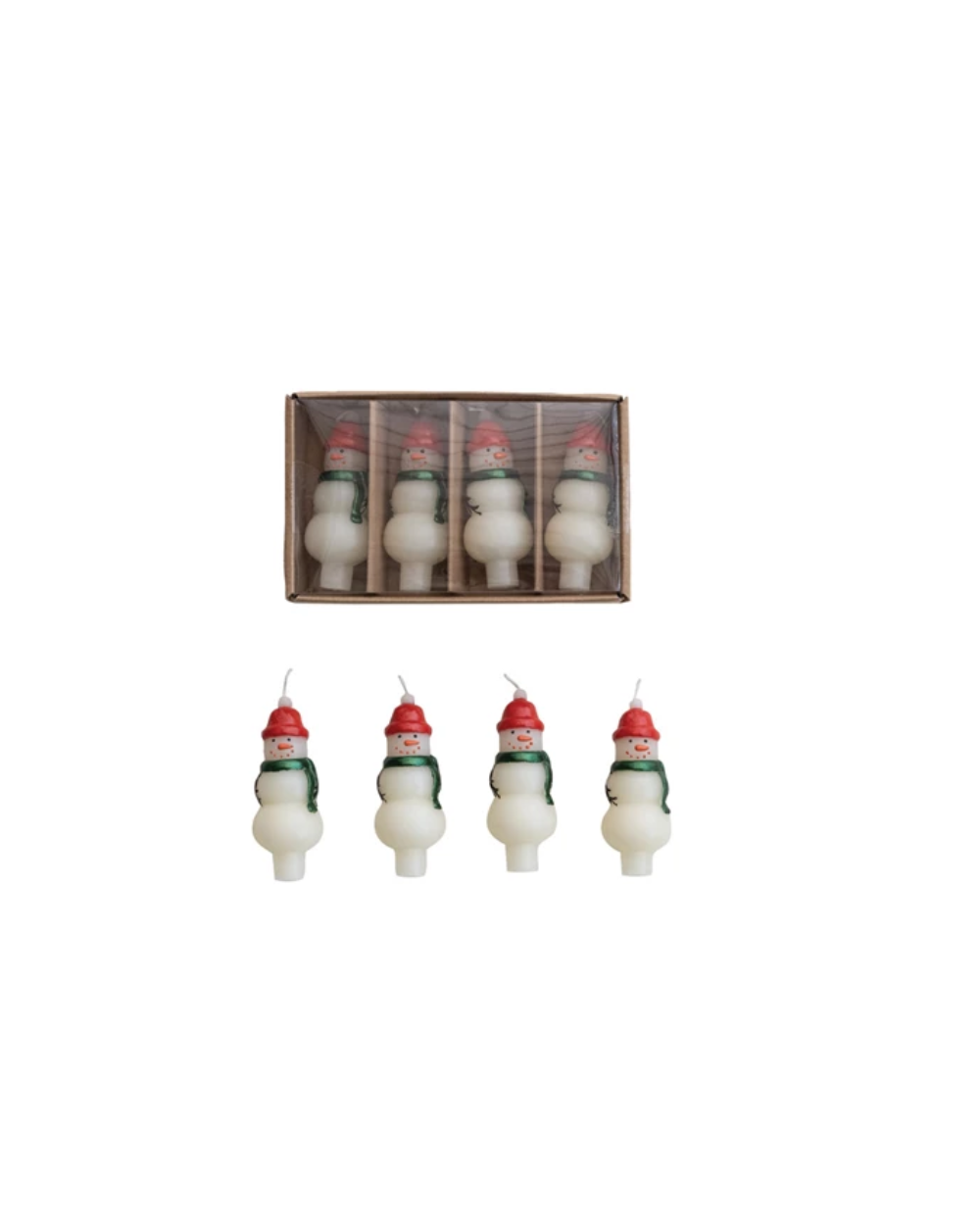 Set of snowman-shaped candles with red hats and green scarves, displayed both in and out of their packaging.