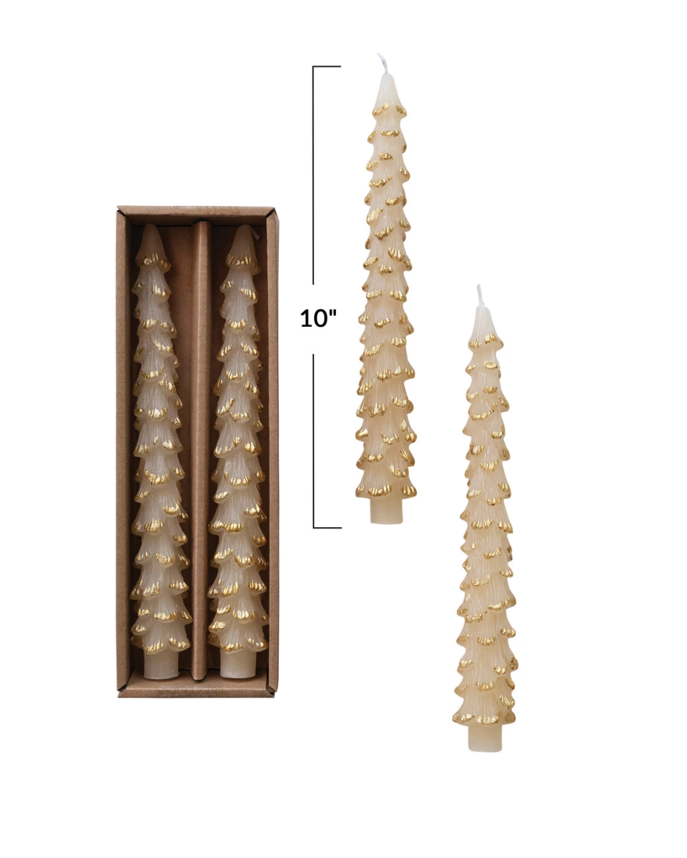 Set of decorative candles in a box with measurements on a white background