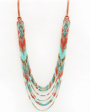 A multi-strand beaded necklace with a geometric pattern in turquoise, red, brown, and white, suspended from tan cords against a plain white background.